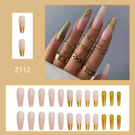 Christmas Press on Nails Long Acrylic False Nails Bling Snowflake Designs Glue on Nails Artificial Fake Nails for Women 24pcs