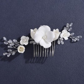 Lenjicons White Flower Rhinestone Beads Hair Comb Rhinestone Faux Pearls Handmade Headpiece Silver Wedding Headband Elegant Flower Hair Comb for Wedding Women