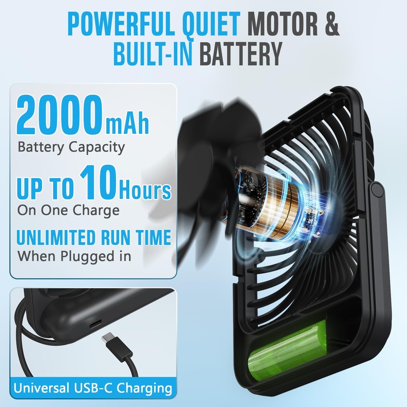 Small Travel Fan For Sleeping, USB-C Rechargeable Battery Powered Personal
