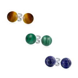 Set of Three Simple Plain Malachite Lapis Lazuli Tiger Eye Gemstone Round Circle Ball Stud Earrings For Women Men .925 Sterling Silver 8MM