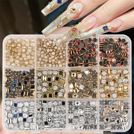 ROFIBUT Luxury 3D Nail Charms Rhinestones Metal Jewelry Nail Decoration Colorful Shiny Diamonds Nail Gems Vintage Pendants Nail Supplies for DIY Studs Nail Decor 12 Grids