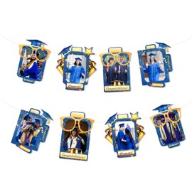 pinkblume Graduation Party Decorations Navy Blue and Gold Graduation Photo Banner Royal Blue Gold Congrats Grad Photograph Bunting Garland for 2024 Graduation Celebration Party Decorations Supplies