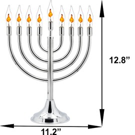 Electric Stainless Steel Hanukkah Menorah, Electric Chanukiya with 10 Flickering Chanukah Bulbs (Single)