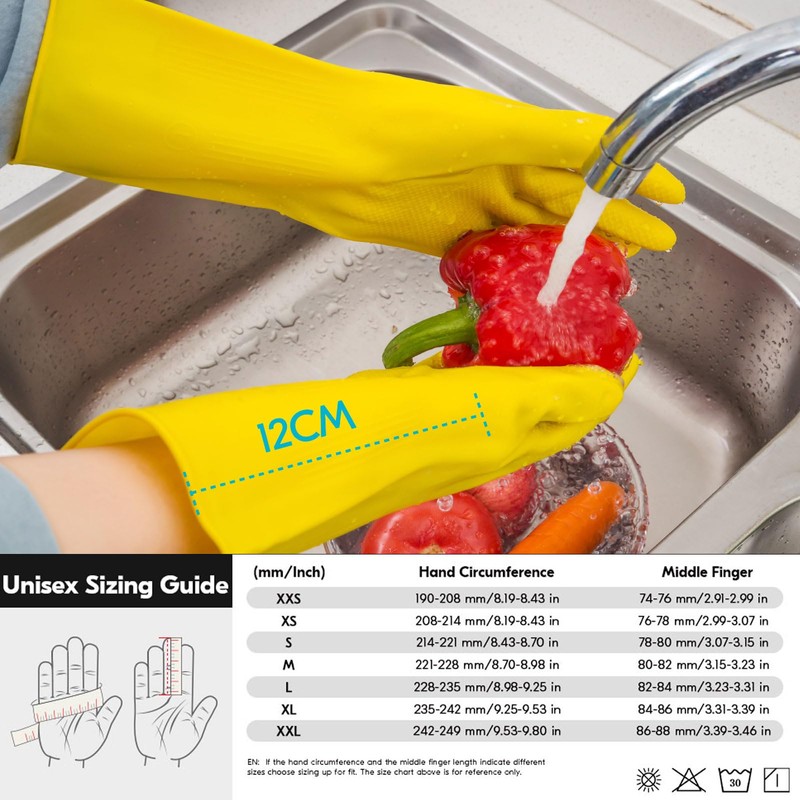Vgo... 3Pairs Reusable Household Gloves,Rubber Dishwashing Gloves,Extra Thickness,Long Sleeves,Kitchen Cleaning/Working/Gardening(Size