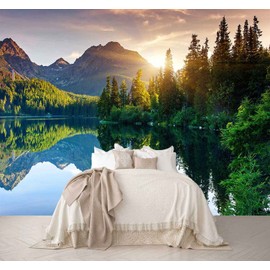 Reyhui Mountain with Lake Photo Wallpaper Landscape Wall Mural for Bedroom Living Room TV Background Sofa Wall (not self-Adhesive)