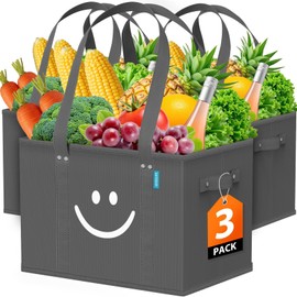 WISELIFE Reusable Grocery Bags 3 Pack - Collapsible Tote Shopping Bags with Sturdy Handles & Bottom to Stands Upright, Grey