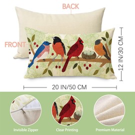 Fjfz Spring Summer Birds Lumbar Decorative Throw Pillow Covers 12 x 20 Set of 2, Green Rectangular Cardinal Bluebird Bullfinch Hooded Oriole Outdoor Home Decor, Branch Nest Egg Couch Cushion Case