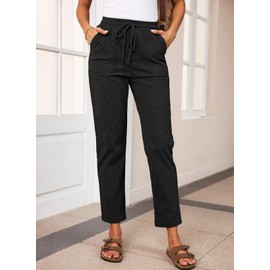 EVALESS Corduroy Pants for Women Drawstring Elastic Waist Pants Fall Fashion 2025 Comfy Straight Leg Trousers with Pockets Black XX-Large