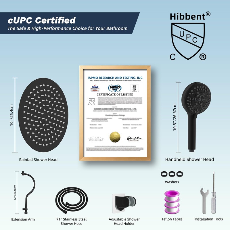 Hibbent All Metal CUPC Certified Shower Head, 10'' High Pressure