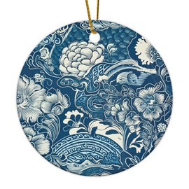 Christmas Ornaments 2024 Blue and White Porcelain Floral Porcelain Pendant Grid' Medieval' Floral Damask Christmas Bauble Present Collectible Gift for Xmas Tree Decoration Ceramic Circle 3" White
