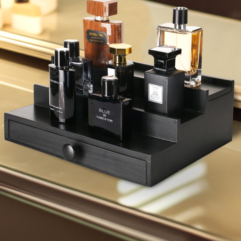 Black Wooden Cologne Organizer for Men - 3 Tier Wooden