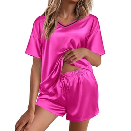 Ekouaer Satin Pajama Set for Women 2 piece Silky Pj Set Soft Short Sleeve Sleepwear Summer Loungewear,Rose Red,S