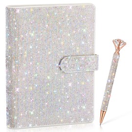 Resholder A5 Glitter Rhinestone 6 Ring Notebook Binder with Diamond Pen Set Silver Bling Office Accessories Supplies for Women Teen Girls Glitter Gift Set