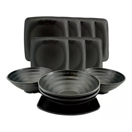 Anforama Juego Vajilla Cuadrada Moderna Gruesa Melamina Negro 12pza