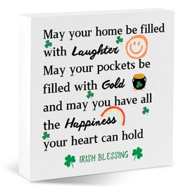 St. Patricks Day Decor Irish Blessing Sign Laughter Gold Happiness Decorative Wooden Box Sign for Home Kitchen St. Patricks Day Gift Table Desk Shelf Display