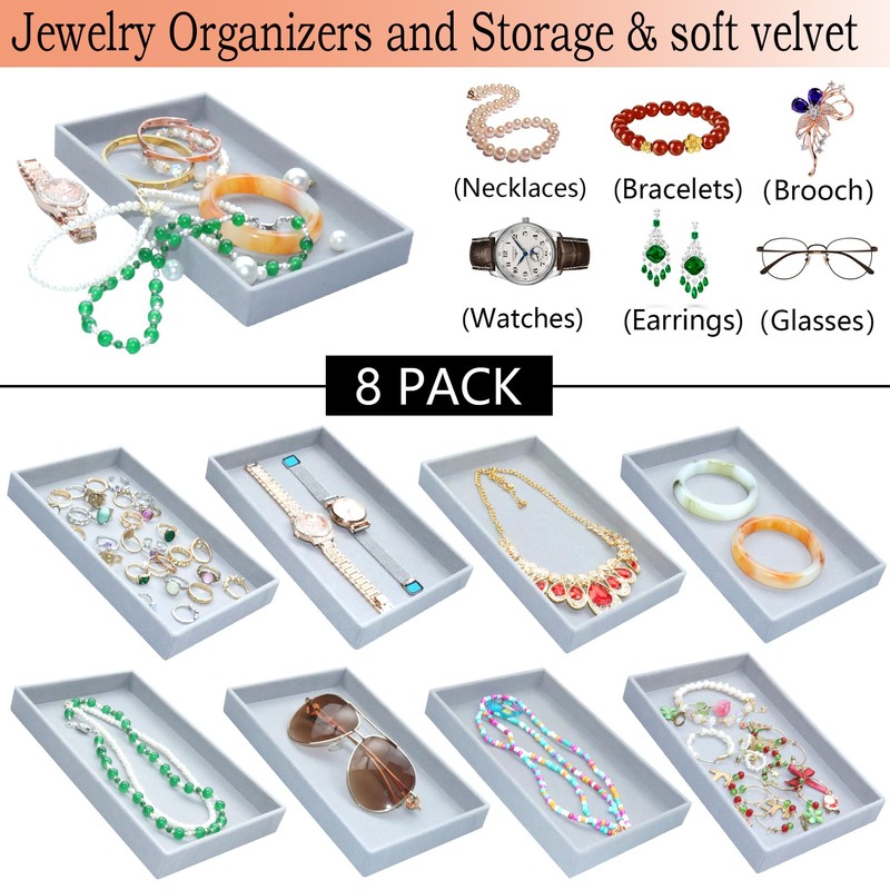 8 Pack Stackable Velvet Jewelry Trays Organizer for Drawers Large