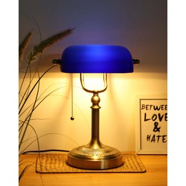 Newrays Blue Glass Bankers Desk Lamp with Pull Chain Switch Plug in Fixture for Home Office,Library