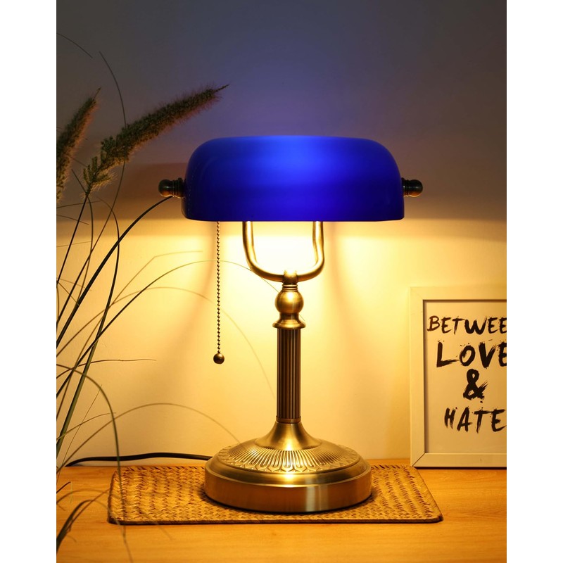Newrays Blue Glass Bankers Desk Lamp with Pull Chain Switch