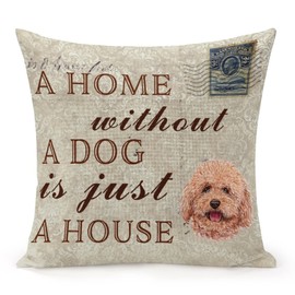 Retro 20"x20" Throw Pillow Cover A Home Without A Dog Is Just A House Double Sided Square Linen Pillowcase with Zipper for Couch Sofa Home Bedroom Decor, Poodle Dog Pillow Covers Replacement