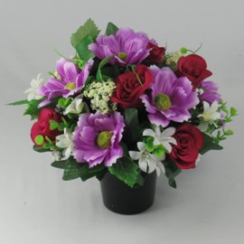 Lilac cosmos and cerise rosebud grave arrangement 25cm (10 inches) in grave pot/vase