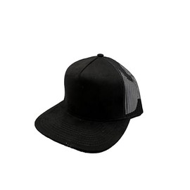 Ashen Fane Faux Suede Polyester Blend 5 Panel Classic Flat Visor Adjustable Snapback Mesh Back Trucker Hat, Black