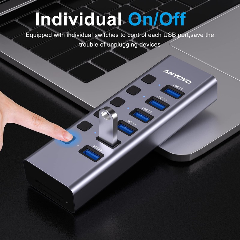 Hub USB alimentado con lector de tarjetas TF/SD, concentrador USB