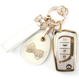 Rayslesan Key Fob Cover with Leather Holder Compatible with Airtag/RFID,Compatible with Toyota 4Runner,Avalon,Camry Corolla Fortuner,RFID Protector,Car Key Accessories(4-Button, Gold White)