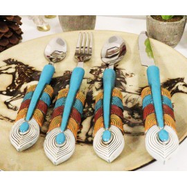 Southwest Chic Indian Turquoise Feather Flatware 1 Spoon Teaspoon Fork Knife Set