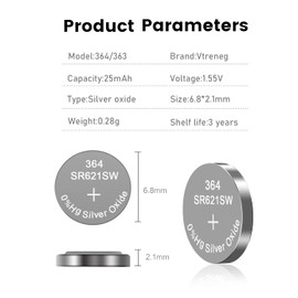 Vtreneg Vtreneg 20 Pack 364 Watch Battery 363 AG1 164 SR621SW 1.55V Silver Oxide Battery