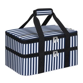 Double Insulated Casserole Carrier, Portable Casserole Carrier for Hot or Cold Food Lunch Tote Warmer or Cooler Bag, Lasagna Lunch Bag for Potluck Parties- Fits 9" x 13" Baking Dish-Blue Stripes