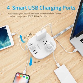 One Beat Desktop Power Strip with 3 Outlet 4 USB Ports 4.5A, Flat Plug and 5 ft Long Braided Extension Cords for Cruise Ship Travel Home Office, ETL Listed