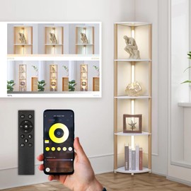 MITELSON Corner Shelf with Light, Corner Lamp with Shelves, LED Shelf Floor Lamp with Remote and APP, Display Shelf Lamp, Floor Lamp with Shelves for Living Room, Bedroom and Office White/Natural