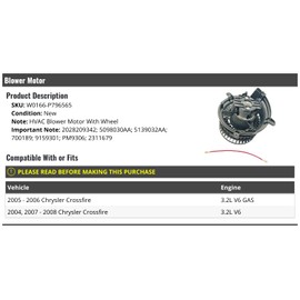 Marketplace Auto Parts HVAC Blower Motor with Wheel - Compatible with 2004-2008 Chrysler Crossfire 3.2L V6