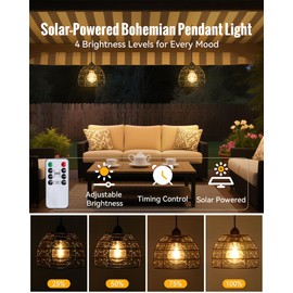 Solar Pendant Light Indoor Outdoor, 4/6/8 H Timer, Dimmable Bohemian Hanging Solar Shed Gazebo Chandelier Lights Outdoor Waterproof for Patio, Porch, Gazebo, Pergola, Kitchen Decor Lighting