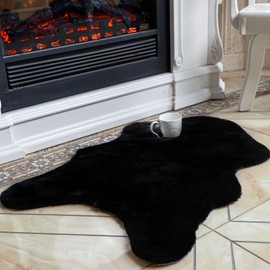 ThreadGlobe Fluffy Faux Rabbit Fur Rug 2'x3', Ultra Soft & Non-Slip Small Rugs for Bedroom, Living Room, Nursery, No Shedding Machine Washable Rug, Black, 2x3 Ft