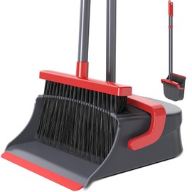 Broom with Dustpan Combo Set, Long Handle Upright Standing Self-Cleaning Broom and Dustpan Set for Pet Hair & Dust Cleanup, Indoor Outdoor Use for Home, Kitchen, Office, Red & Gray
