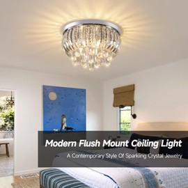 Gopmmy Modern Crystal Chandelier 15.7 Inch,5-Lights Chrome Crystal Flush Mount LED K9 Chandeliers Light Fixture for Bedroom Dining Living Room Hallway E12