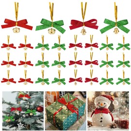 DELORIGIN 60pcs Christmas Bows for Tree Gift Wrapping Small Tree Bowtie with Iron Jingle Bell Craft Bows Xmas Tree Ornaments Bow for Christmas Holiday Party Wreath Tree Topper Home Decor