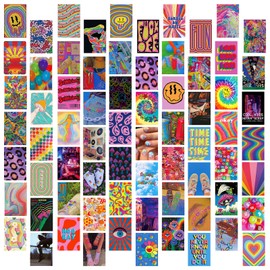 Qpout 70pcs Hippie Trippy Aesthetic Pictures Posters Wall Collage Kit,Psychedelic Posters Wall Aesthetic Pictures Cool Abstract DIY Neon Rock Trippy Dorm Room Decor Display for Adult Teen(4x6inch)