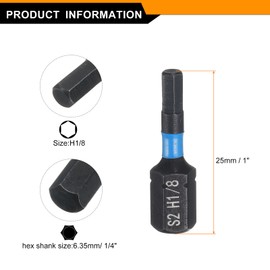 sourcing map 2pcs H1/8 SAE Hex Screwdriver Bit 1/4" Hex Shank 25mm/1" Length Magnetic Hexagon Head Hex Bits S2 Steel Screw Driver Bit Industrial Grade Electric Drill Bits