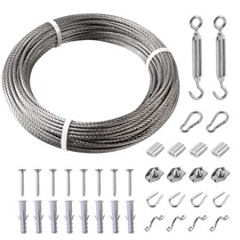 Helffer 98FT 1/8" Heavy Duty String Light Hanging Kit, Bare 304 Stainless Steel Cable Wire Rope Tensioner Kit for Commercial Outdoor Globe Lights, Sun Shade Sail Hardware, Trellis, Clothesline