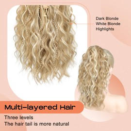 SEIKEA 14" Highlight Ponytail Extension Claw, PT002 Tia Long Wavy Jaw Clip in Fake Pony Tails Multi Layered Fluffy Thick Hair Extensions Ponytail Dark Blonde with White Blonde Highlights