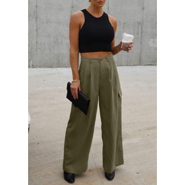 Dokotoo Cargo Pants Wide Leg Dress Pants Women Slacks Womens Trousers Women's 2024 Fall Outfits Teacher Fashion Clothes Palazzo Business Casual High Waisted Petite Pants Clothing Trendy Pants Green