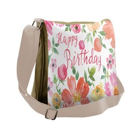 Lunarable Birthday Messenger Bag, Floral Bouquet Calligraphy, Unisex Cross-body