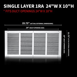 24x10 Return Air Grille(Duct Opening Size),Air Return Vent Cover,Flat Vent Cover,Rejillas De Aire Acondicionado Para Casa,Return Air Grilles,Outer Dimensions:25.75"Wx11.75"H(24"W x 10"H, Duct Opening)