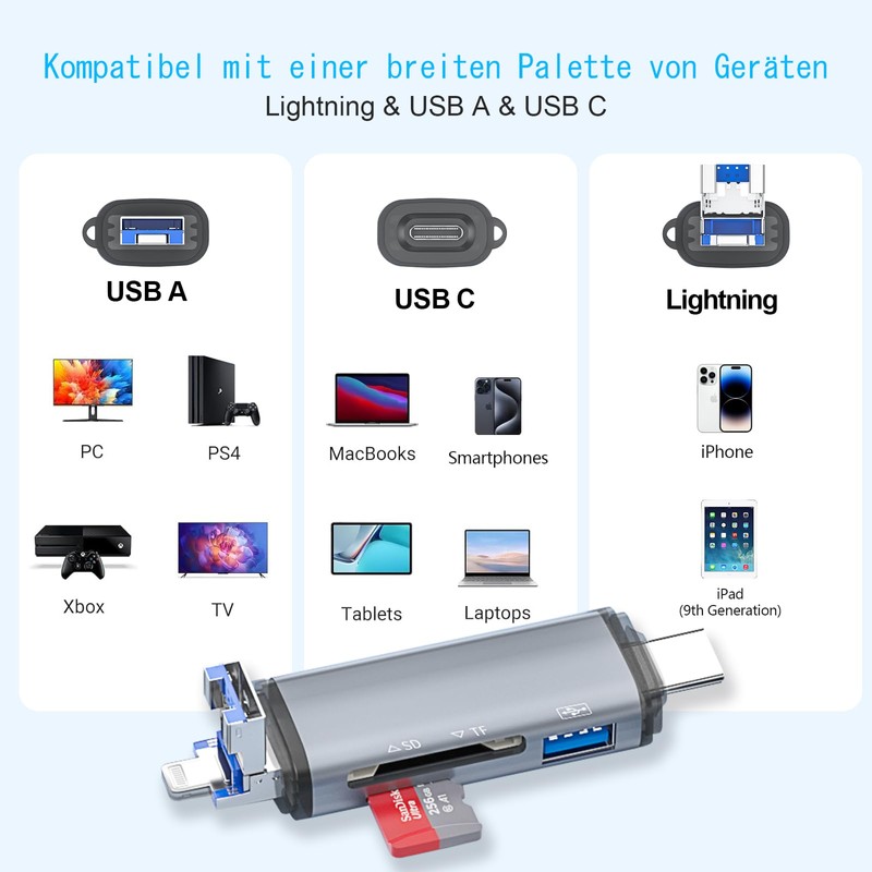 6 in 1 SD Card Reader, 3 Male USB A/USB