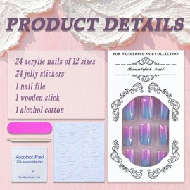 Chrome Press on Nails Medium Square SWEKKE Fake Nails Full Cover Blue White Pink Gradient Flash False Nails with Designs Glossy Glue on Nails Acrylic Nails Artificial Nails for Women Girls 24Pcs