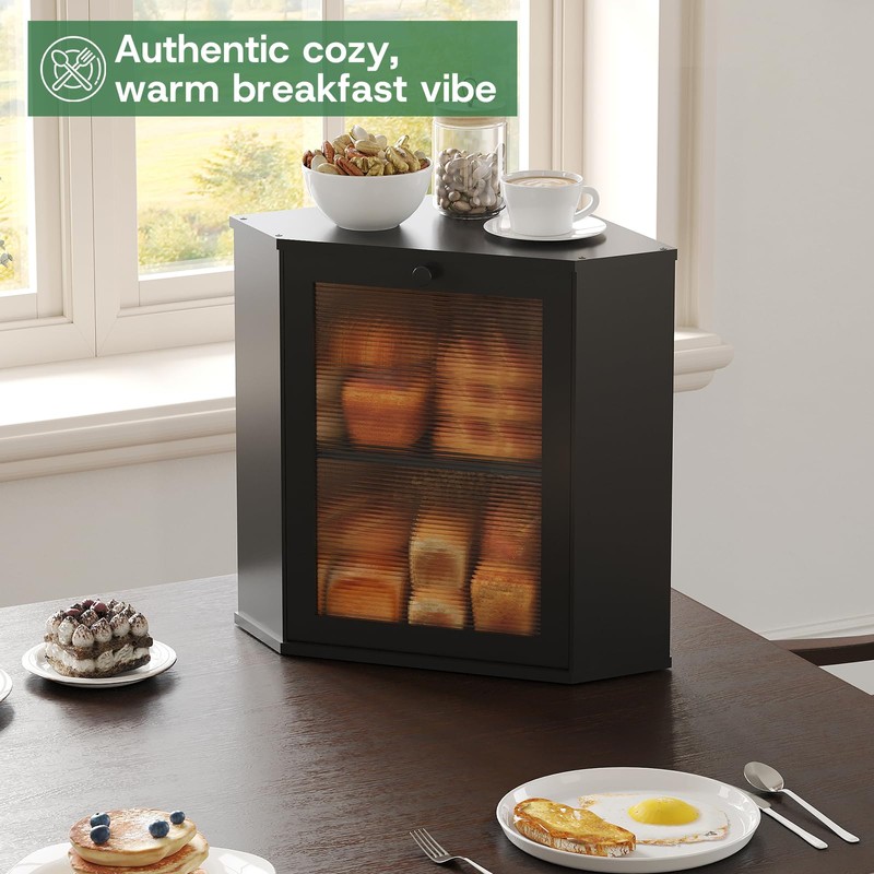 Black Corner Bread Box for Kitchen Countertop-Bamboo Wood 2-Tier