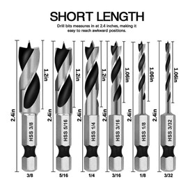 Gasea 6pcs Brad Point Drill Bits Set1/4-Inch Hex Shank HSS Stubby Drill Bit for Wood 3/32, 1/8, 3/16, 1/4, 5/16, 3/8