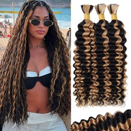 Ombre Honey Blonde Human Braiding Hair for Boho Braids 100g 3 Bundles/Pack 14 Inch Curly Boho Hair for Braiding Knotless 12A Deep Wave Bulk Bohemian Color P1B/27